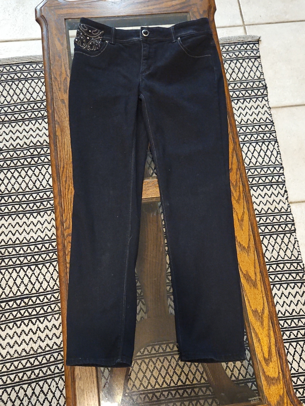Chicos So Slimming, Women's Straight-Leg Black Jeans with Embellished Pockets.